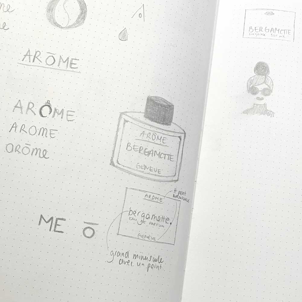 Recherche graphique dans carnet de croquis - exploration créative autour du futur logo