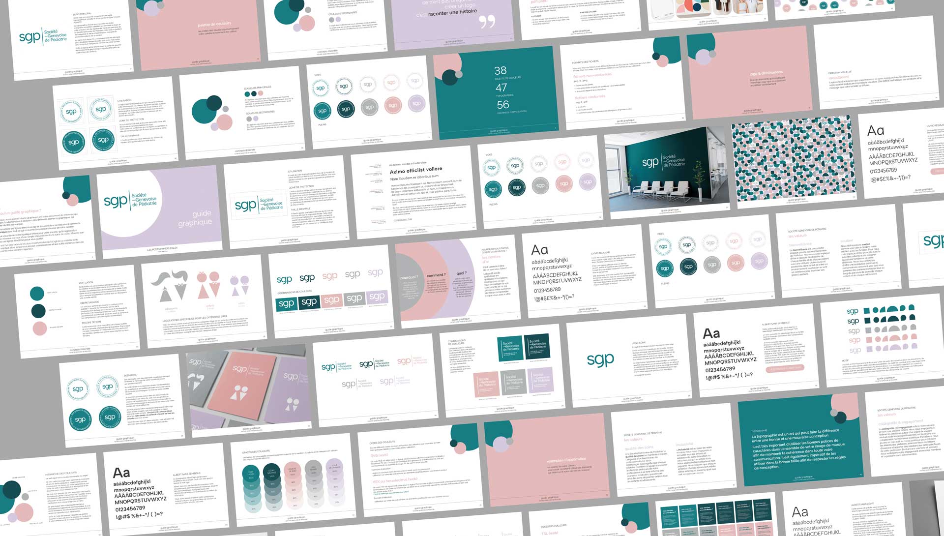 Pages du guide graphique de la Société Genevoise de Pédiatrie — identité visuelle complète par Les Petits Papiers d'Alex, graphiste à Genève.