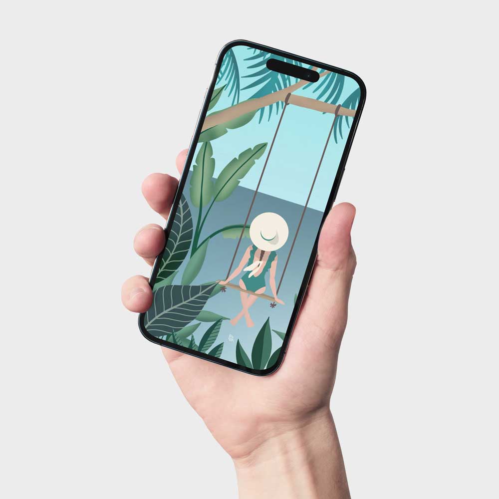 Fond d’écran smartphone 'Somewhere in the tropics', illustration stylisée et originale par Les Petits Papiers d’Alex