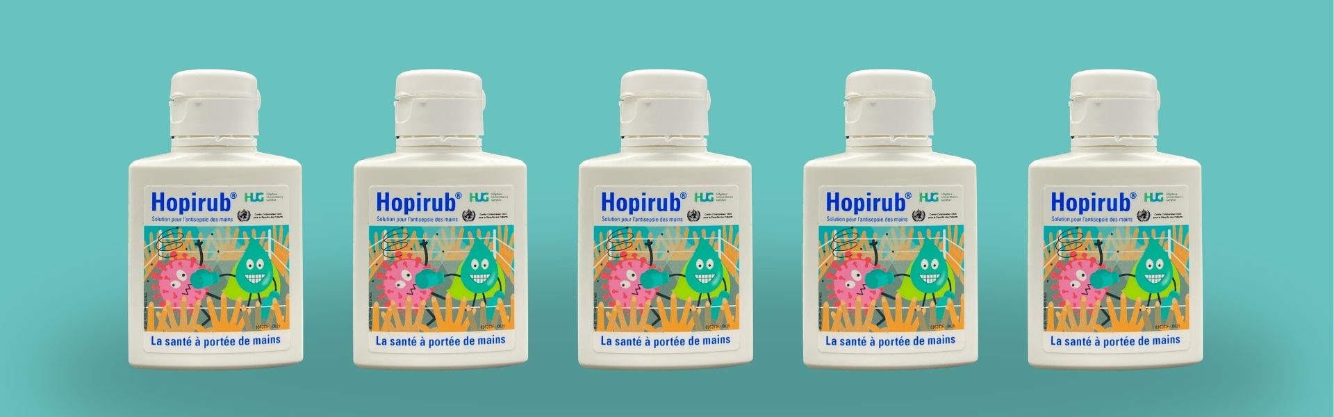 Flacons Hopirub et Hopigel avec la nouvelle étiquette — illustration médicale créée par Les Petits Papiers d'Alex, illustratrice à Genève