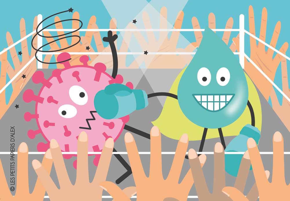 Illustration de la nouvelle étiquette Hopirub — bactérie sur un ring de box, création Les Petits Papiers d'Alex, illustratrice à Genève