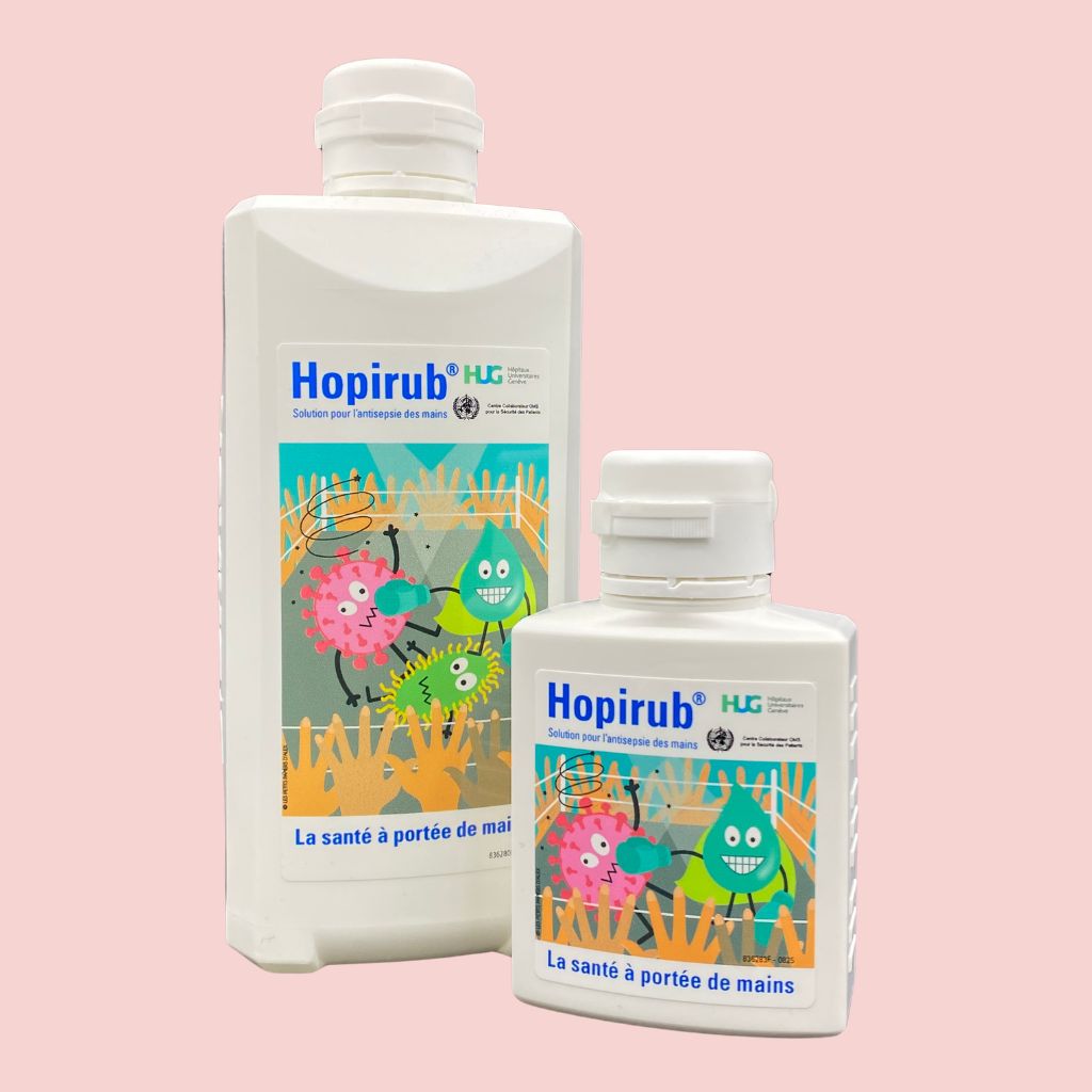 Flacon Hopirub avec nouvelle étiquette — illustration médicale créée par Les Petits Papiers d'Alex, illustratrice à Genève