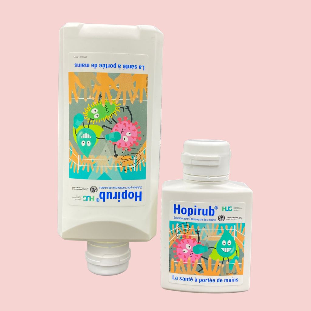 Flacon Hopirub avec nouvelle étiquette — illustration médicale créée par Les Petits Papiers d'Alex, illustratrice à Genève