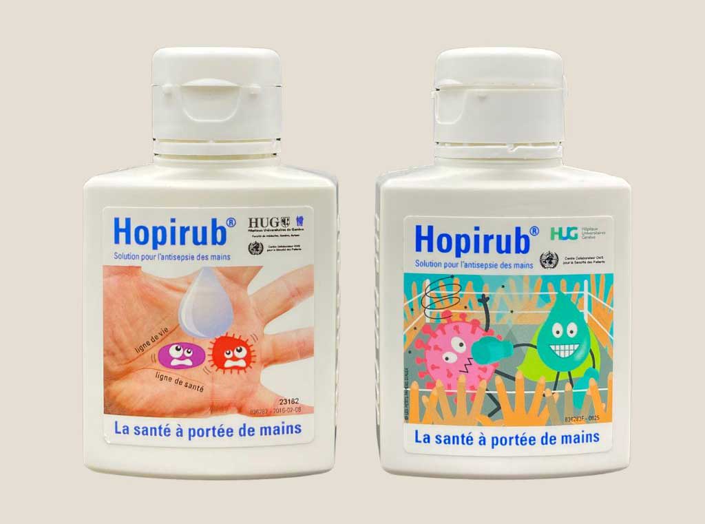Avant et après la refonte de l'étiquette Hopirub — illustration médicale Les Petits Papiers d'Alex, illustratrice à Genève